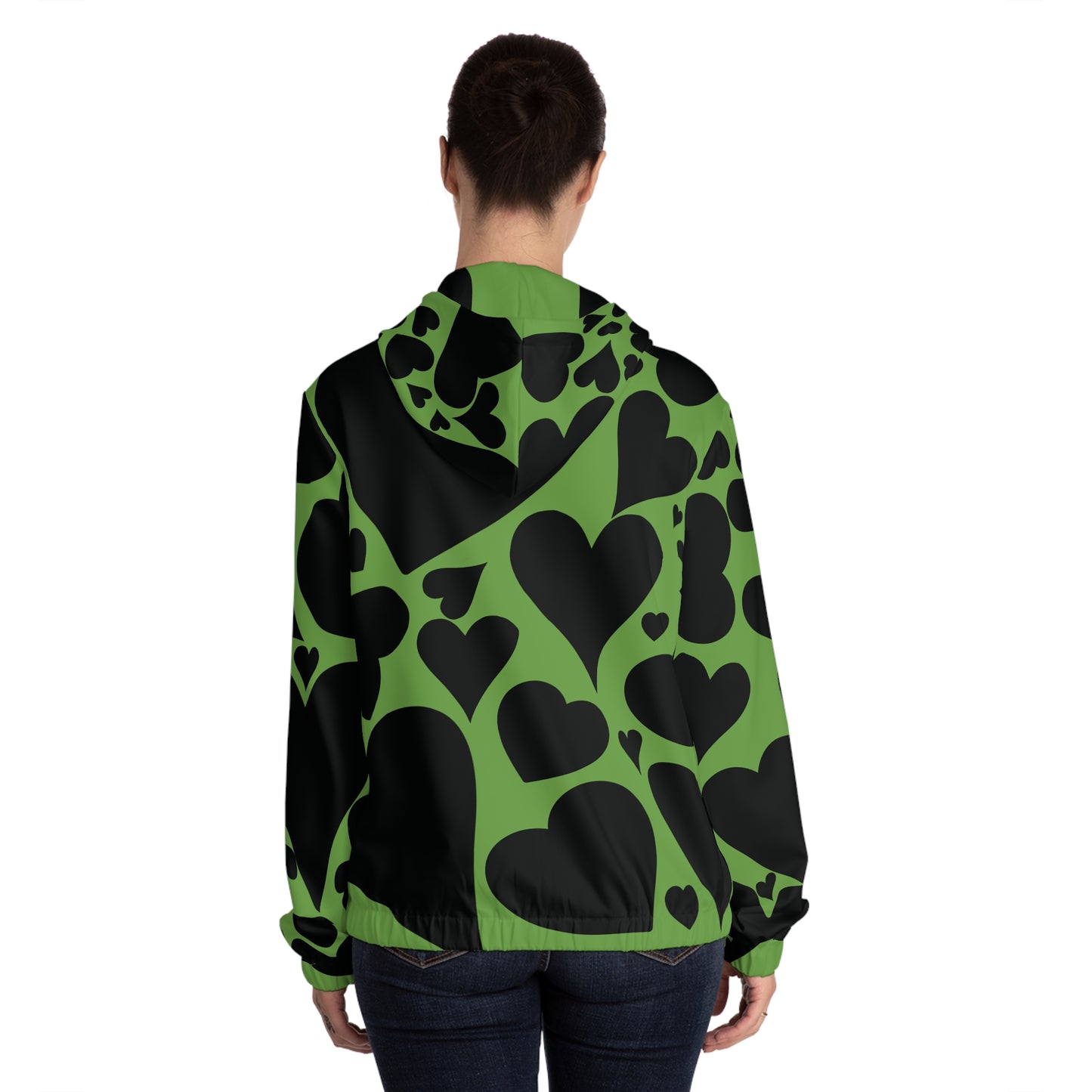 Black Hearts on Green Full-Zip Hoodie for Women