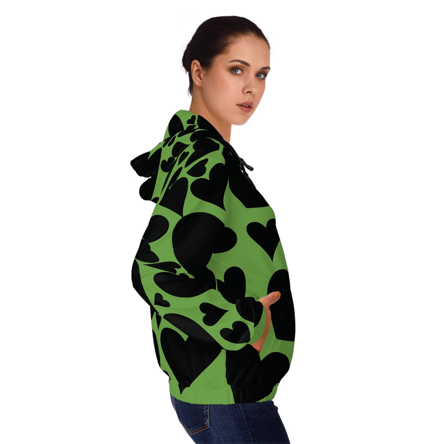 Black Hearts on Green Full-Zip Hoodie for Women