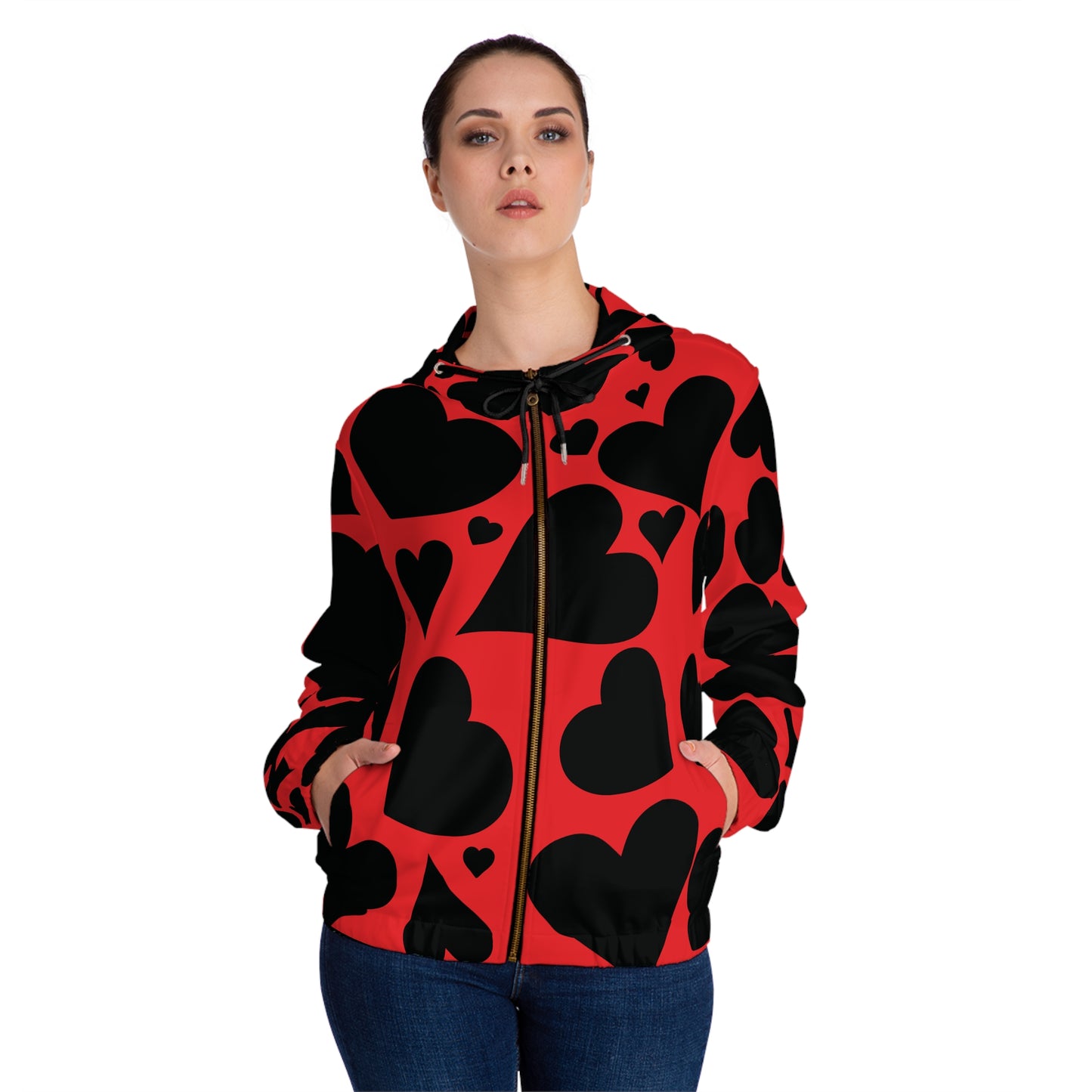 Black Hearts on Red Full-Zip Hoodie for Women