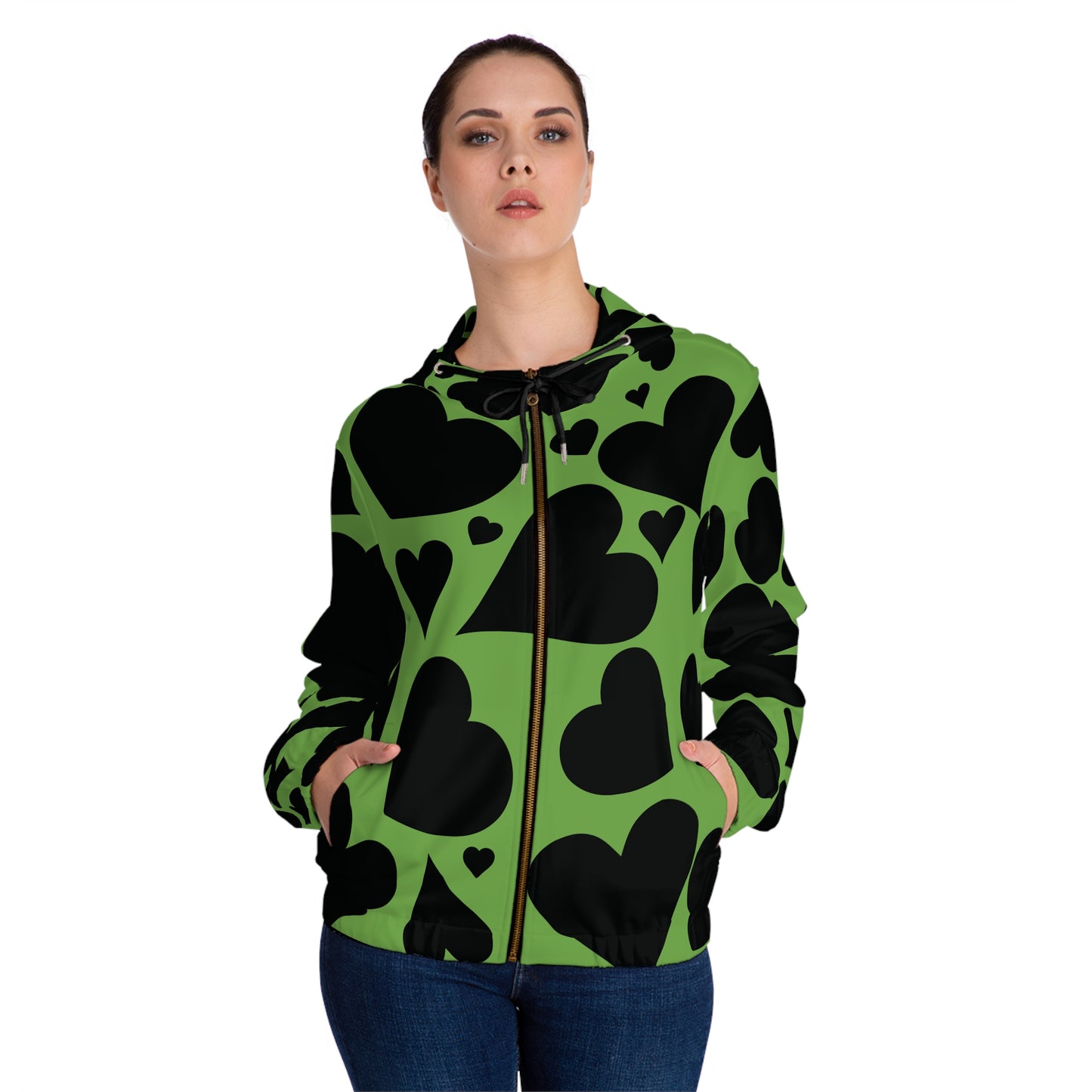 Black Hearts on Green Full-Zip Hoodie for Women