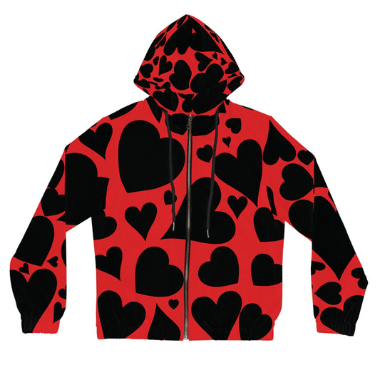 Black Hearts on Red Full-Zip Hoodie for Women