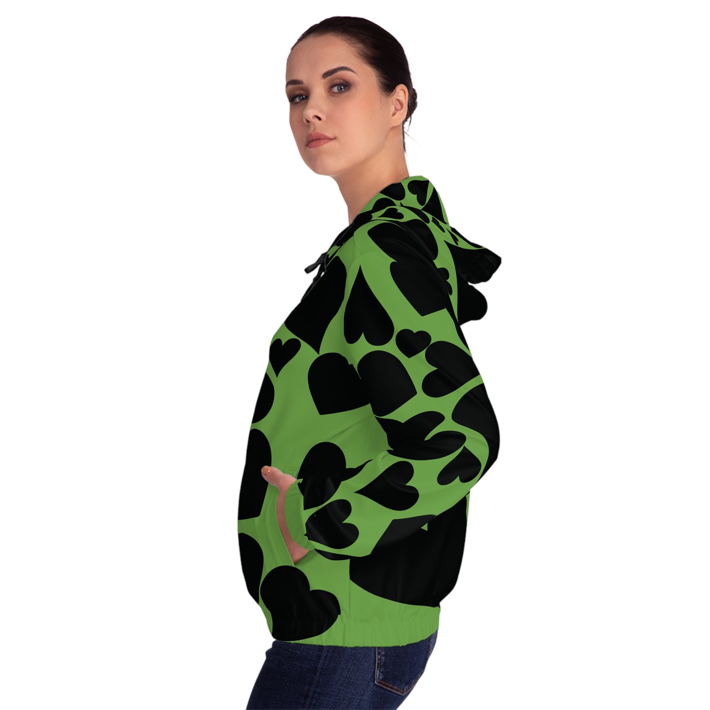 Black Hearts on Green Full-Zip Hoodie for Women