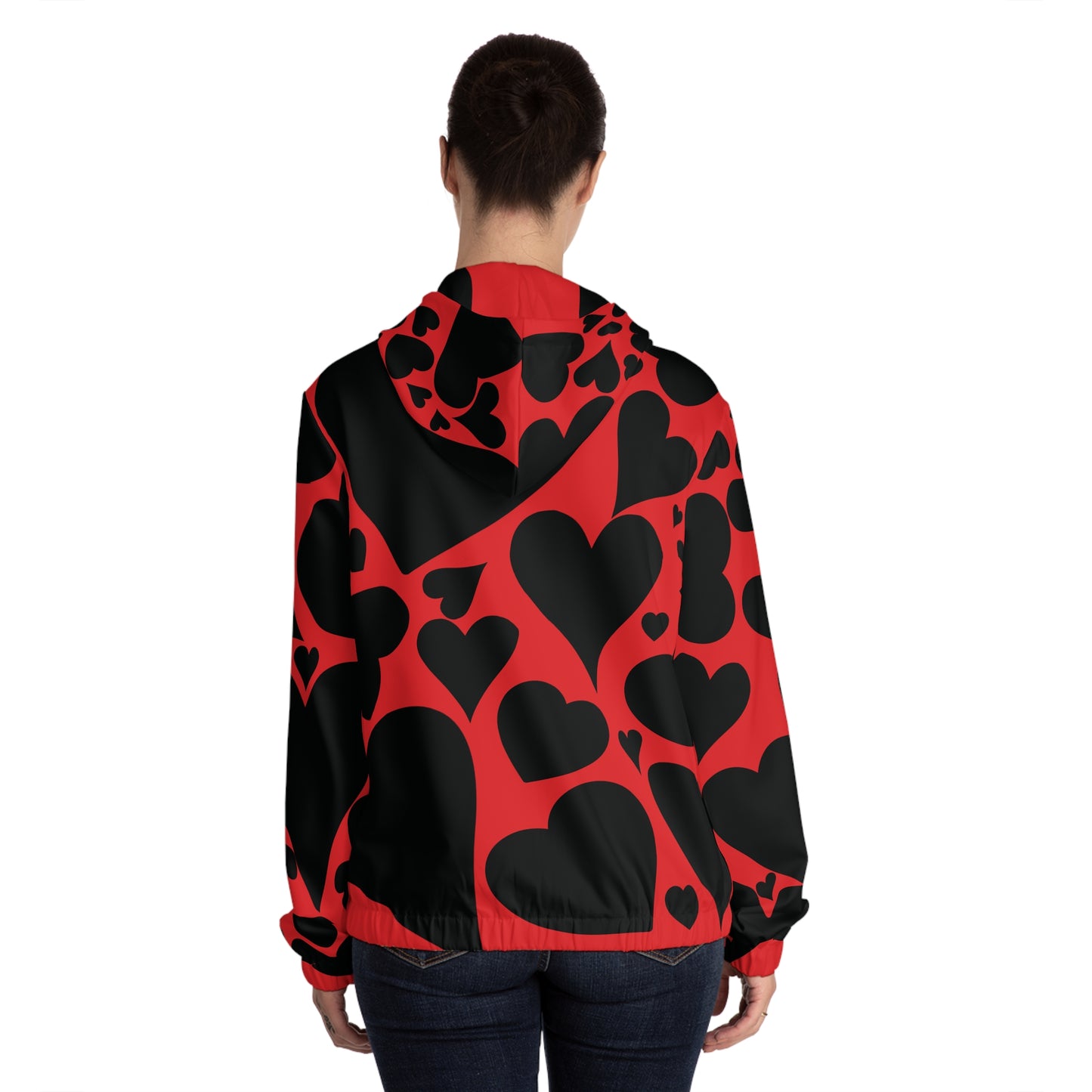 Black Hearts on Red Full-Zip Hoodie for Women